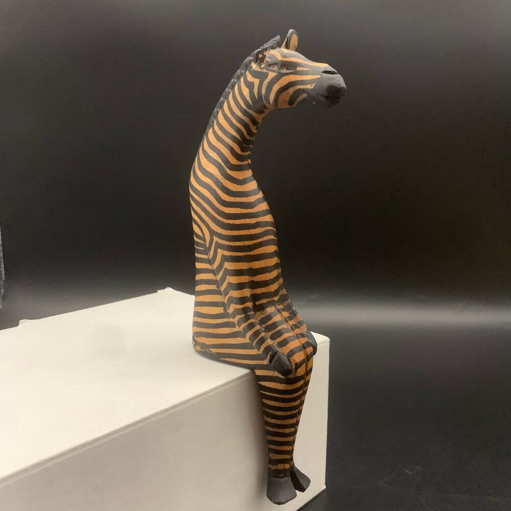 Vintage Zebra Hand Carved Wood Ledge Lounging Sitting Safari Figurine